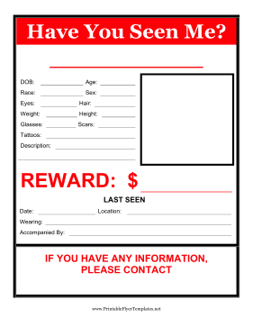Have You Seen Me Flyer Reward Printable Template