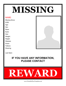 Missing Person Flyer Reward Printable Template