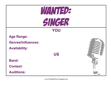Singer Wanted Flyer Printable Template